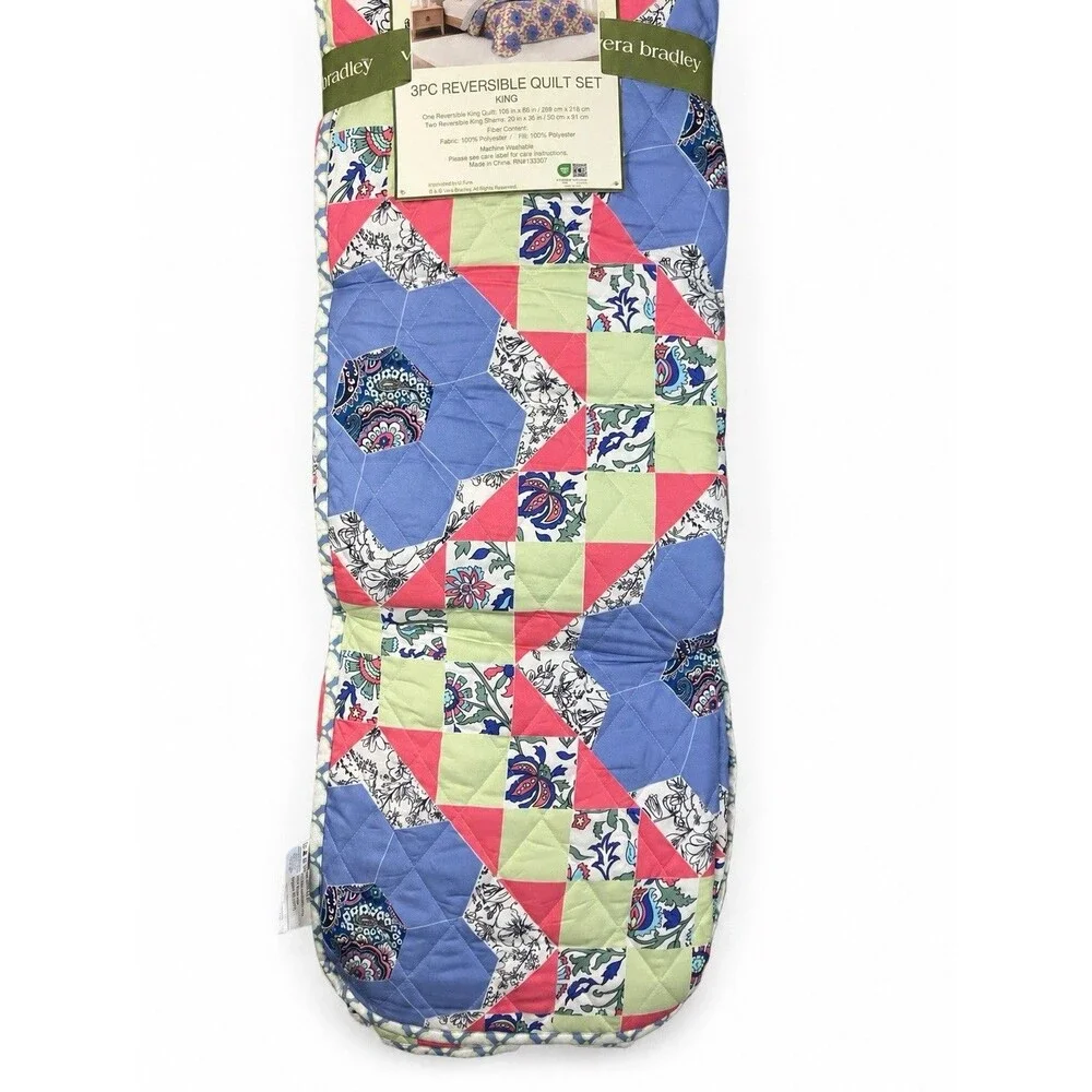 Vera Bradley King Quilt Set 3 Piece Reversible Floral Patchwork Blue Green Shams